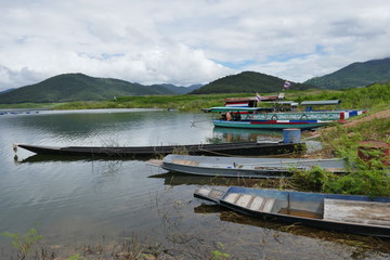 landscape Reservoir, mountains and boats