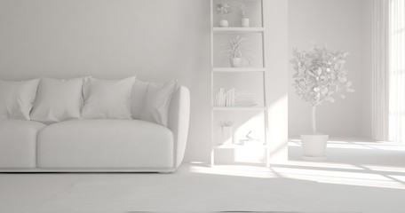 White room with sofa. Scandinavian interior design. 3D illustration