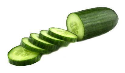 Cucumber and slices isolated over white background