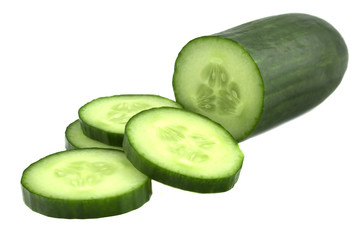 Cucumber and slices isolated over white background
