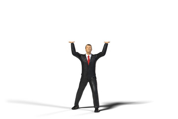 toy miniature businessman figure lifting an empty space, concept isolated on white background