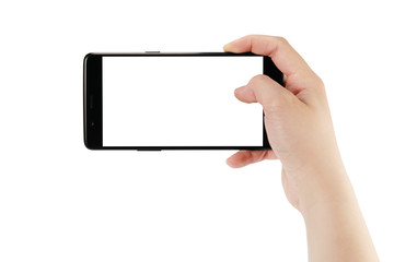 young female hand taking photo with smartphone isoalted on white