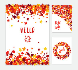 Autumn vector greeting card set of flying maple leaves in traditional Fall colors - orange, yellow, red, brown. All isolated and layered