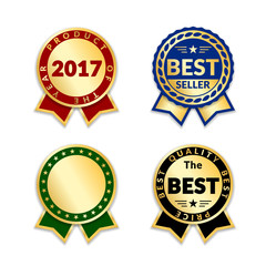 Ribbons award best seller set. Gold ribbon award icon isolated white background. Bestseller golden tag sale label, badge, medal, guarantee quality product, business certificate Vector illustration