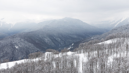 Mountain ski trail in the snowy mountains, Sochi