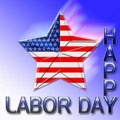 Happy Labor Day, 3D, big falling star covered with the American flag, blue to white gradient background.