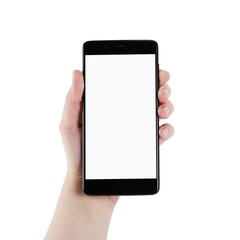 female teen left hand holding smartphone isolated on white