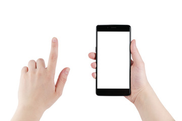 female teen hands using smartphone isolated on white