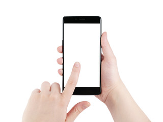 female teen hands using smartphone isolated on white