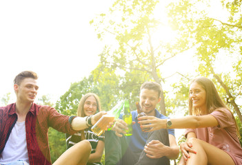 Friends toasting beer at barbecue in nature.