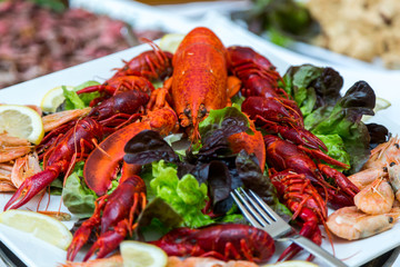 Cooked cancer at a banquet table for a wedding. Snack for beer