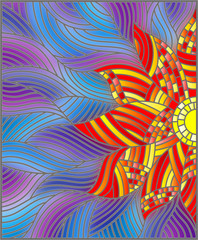Illustration in stained glass style with bright orange abstract flower on blue wavy background
