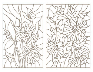 Set contour illustrations in the stained glass style with flowers, daffodils with butterflies and a bouquet of poppies