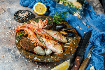 Fresh seafood on stone table