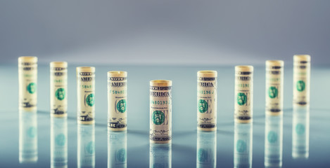 Dollar. American dollar banknotes rolled in different positions
