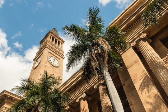 Brisbane City Hall with clock tower and palm trees
