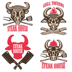 Set of steak house emblems. Labels with bull heads.