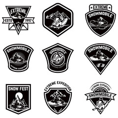 Set of snowmobile sport emblems. Snow bike. Design elements for logo, label, emblem, sign