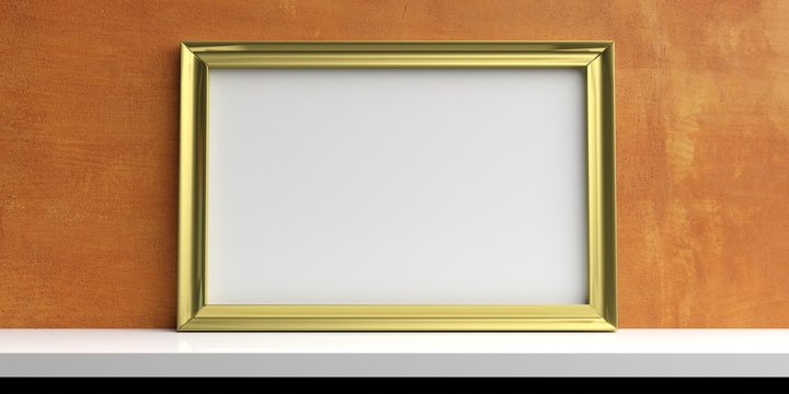 Golden Frame On A White Shelf - Stucco Wall Background. 3d Illustration