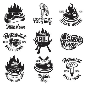 Set of steak house, butchery shop emblems with lettering. Design elements for logo, label, emblem, sign. Vector illustration