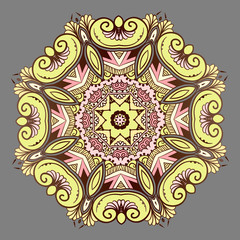 Drawing of a floral mandala in yellow and brown colors on a gray background. Hand drawn tribal vector stock illustration