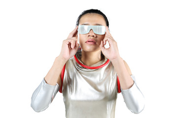 Young woman using futuristic glasses