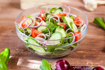 vegetable salad bowl on kitchen table, balanced diet
