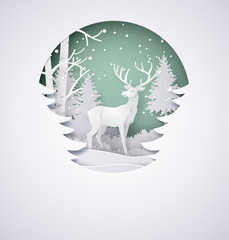 Naklejki  Jeleń w lesie ze śniegiem w sezonie zimowym i papierowym stylu christmas.vector.