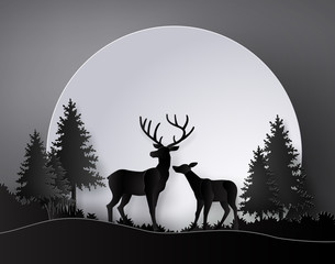 Deer in forest with deer in forest with  full moon.The illustrations do the same paper art and craft style.