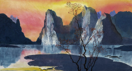 Plakaty  Zachód słońca w górach i woda