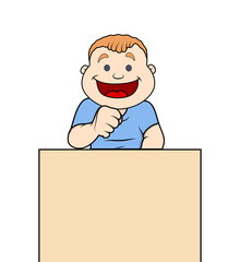 Laughing Cartoon Boy with Blank Banner