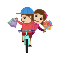 Cute Shopping Girls with Bags and Flowers on Cycle