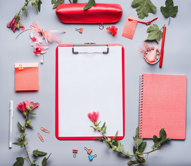 Modern feminine office desk table with clipboard with empty copy space blank for list or  for input...