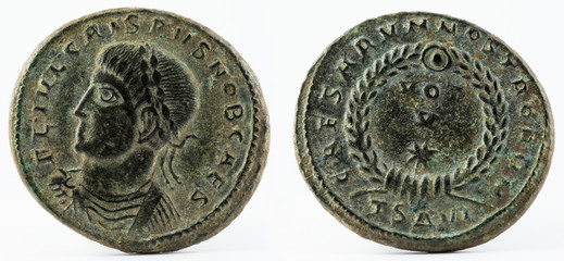 Ancient Roman copper coin of Emperor Crispus.