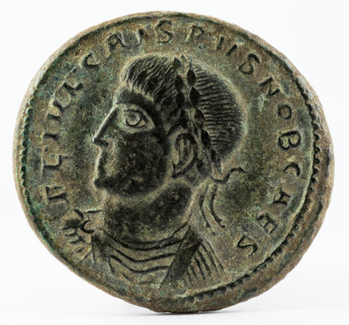 Ancient Roman copper coin of Emperor Crispus. Obverse.
