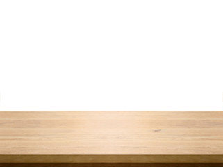 empty wooden table top isolated on white background, used for display or montage your products