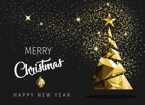 
Merry christmas happy new year golden triangle tree low poly. christmas tree, design, vector illustration. Creative Christmas tree.