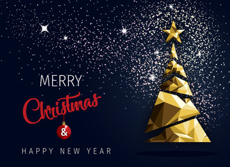 Naklejka premium Merry christmas happy new year golden triangle tree low poly. christmas tree, design, vector illustration. Creative Christmas tree.