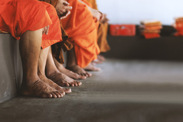 closeup legs of monk with soft-focus in the background. over light