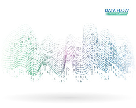 Abstract data flow background with binary code. Dynamic waves technology concept.  Vector illustration information stream.