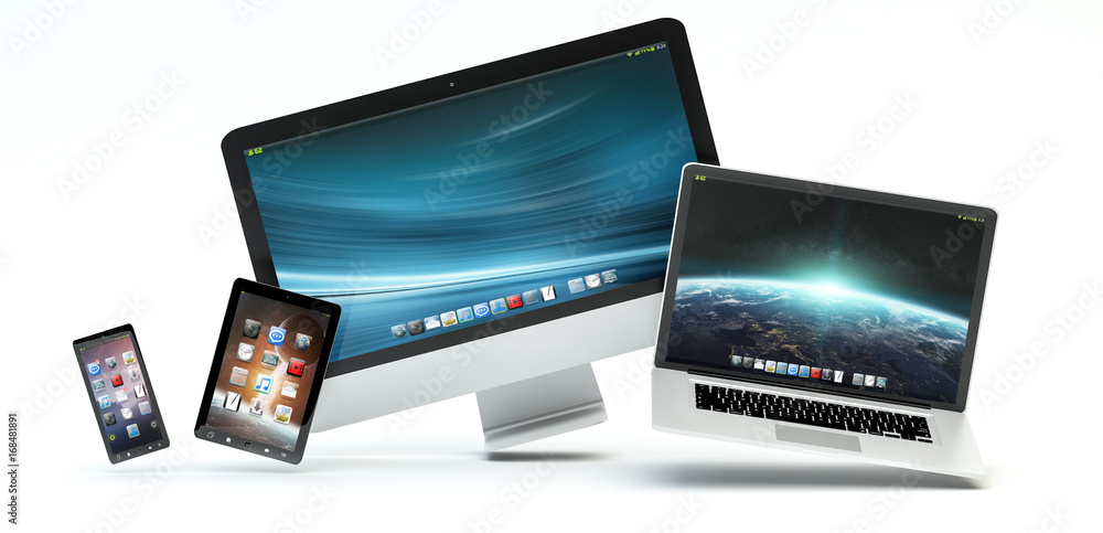 Leinwandbilder modern computer laptop mobile phone and tablet floating 3d rendering