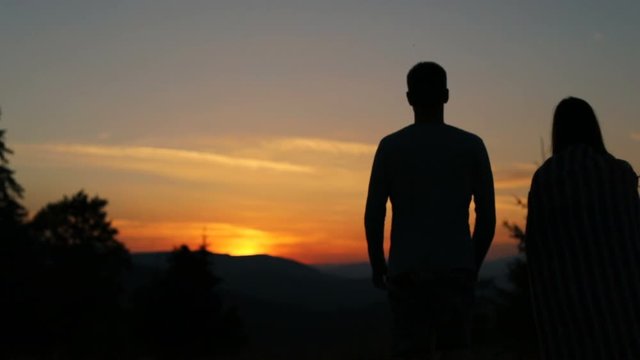 Silhouette male female person walking standing evening sunset beautiful sky fiery background nature hugging shoulders peaceful friends young lovely pair beholding looking horizon free idyllic space