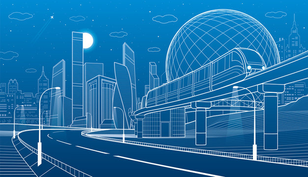 City infrastructure and transport illustration. Monorail railway. Train move over flyover. Spherical building. Modern night city. Airplane fly. Towers and skyscrapers. White lines. Vector design art