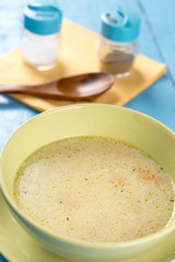 Homemade domestic soup with vegetables in the bowl