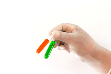 Scientists holding a test tube on a white background.