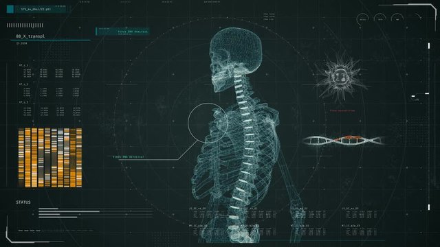 DNA lab scan, genetic disorder detection, forensic research, biochemistry. Medical software interface with DNA scan results, anomaly detected, lab equipment