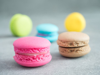 Fototapeta na wymiar Closeup stack of French colorful macarons (Selective focus)