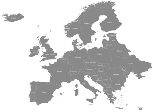 Map of Europe (without Russia) split into individual countries.  Displaying names for each country.