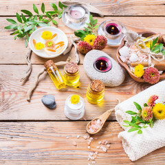 Autumn fall spa wellness setting concept, wooden background