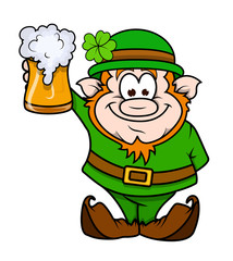 Funny Happy Leprechaun Character Drinking Beer
